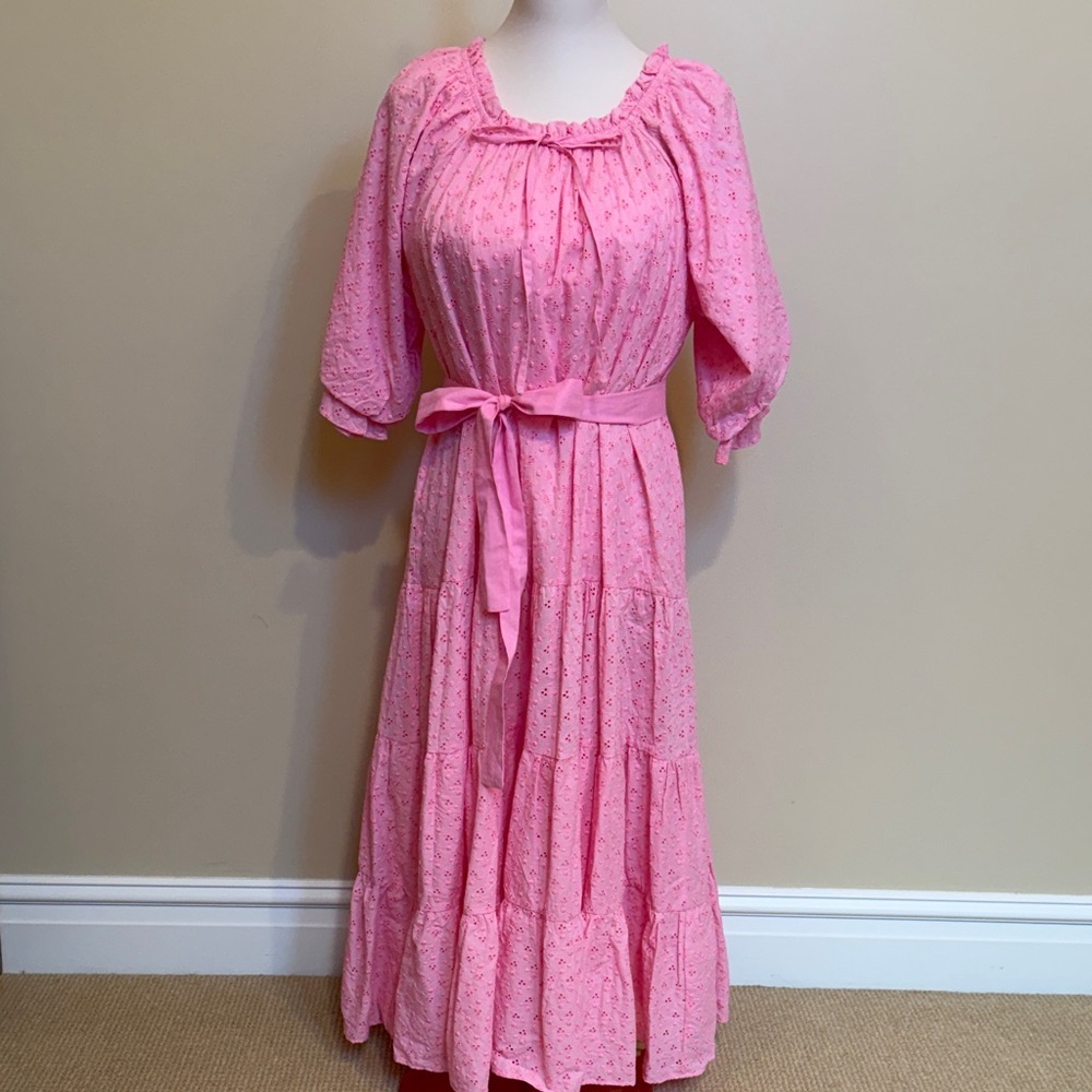 Ivy City Co Gigi Dress Pink Eyelet Maxi Puff Sleeve Tiered Cottagecore M